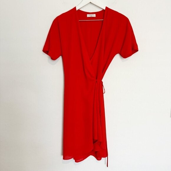 Babaton Aritzia Wallace V-Neck Short Sleeve Crossover Wrap Mini Dress Red Small - Picture 3 of 10